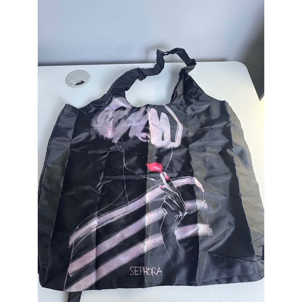 NEW Sephora Nylon Reusable Roll-Up Tote Bag, Black Compact Foldable Travel